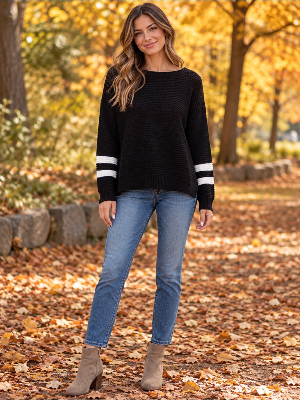 Time and Tru Black Knit Sweater with White Sleeve Stripes